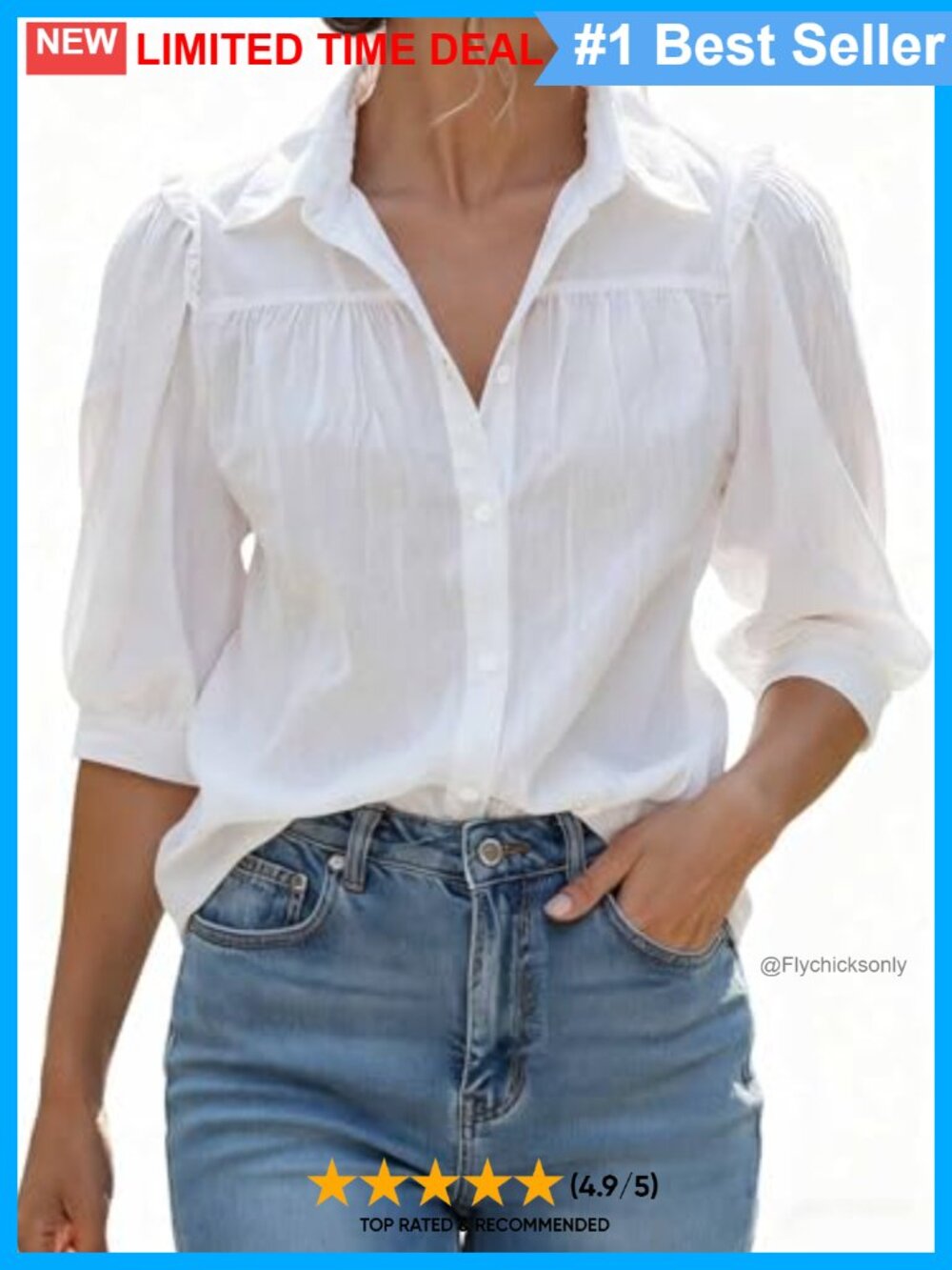 100% Cotton Half Sleeve Button Down Blouse Collared Puff Sleeve Top
